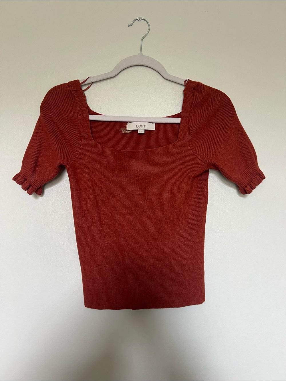 LOFT Rust Red Square Neck Short Sleeve Knit Top - Picture 2 of 2
